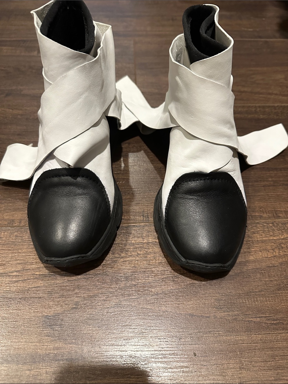 Modern Wrap Ankle Boots in Black with white leather wraps.